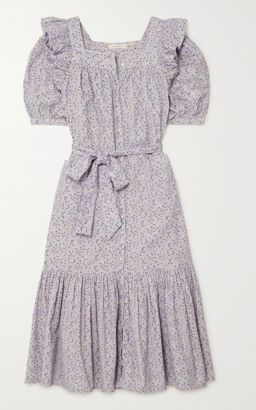 Dôen M Malta Corduroy blue floral puff sleeve button down midi dress